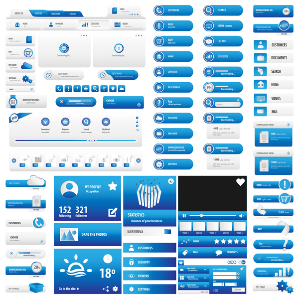 Blue user interface button vector set