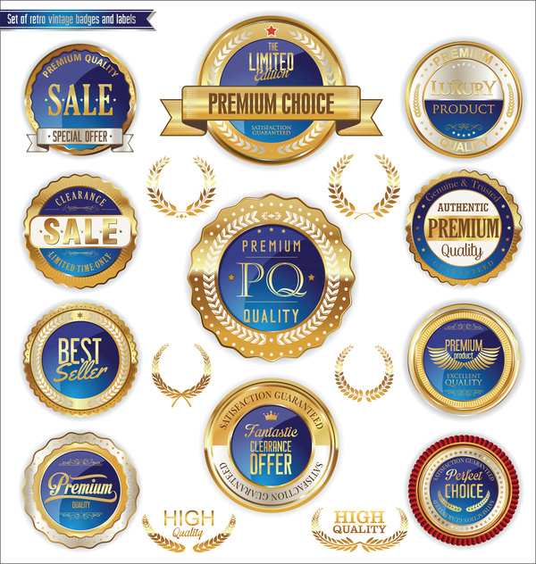 Blue with golden badges and labels laurel wreath vector