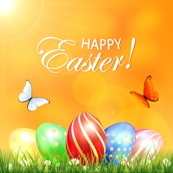 Butterflies and colored Easter eggs in a grass vector