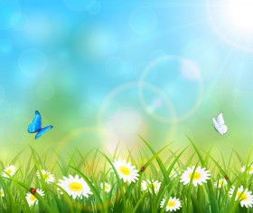 Butterflies flying over flowers background vector