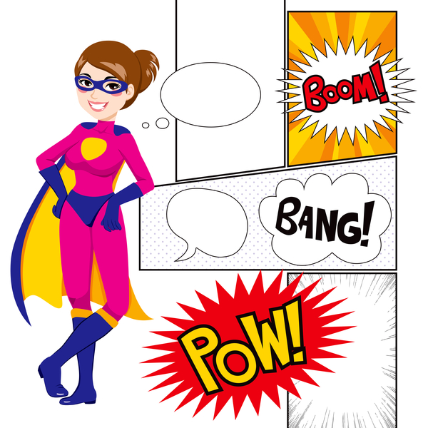 Cartoon female superman with speak bubble vectors