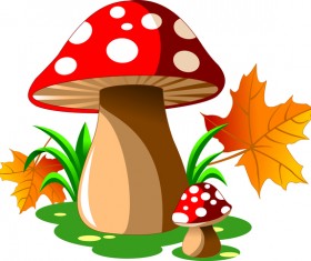 Cartoon mushrooms with autumn leaves vector