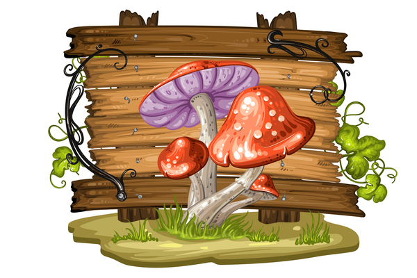 Cartoon mushrooms with wooden background vector