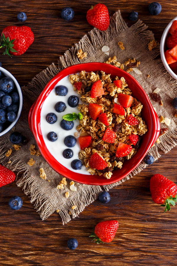 Cereal breakfast yogurt and fresh fruit Stock Photo 01