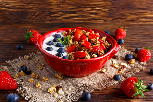 Cereal breakfast yogurt and fresh fruit Stock Photo 02