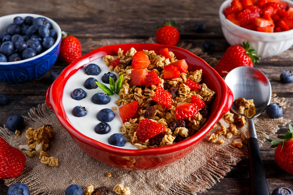 Cereal breakfast yogurt and fresh fruit Stock Photo 03