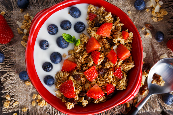 Cereal breakfast yogurt and fresh fruit Stock Photo 04