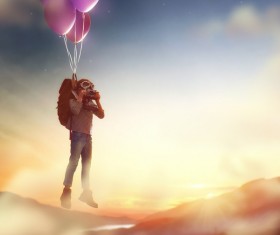 Children fly balloons and take pictures HD picture