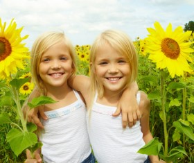 Children sunflower plantation Stock Photo