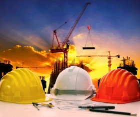 Civil engineer working table with safety helmet Stock Photo 02