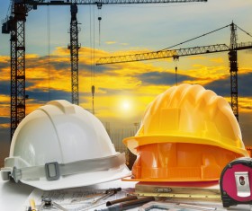 Civil engineer working table with safety helmet Stock Photo 03