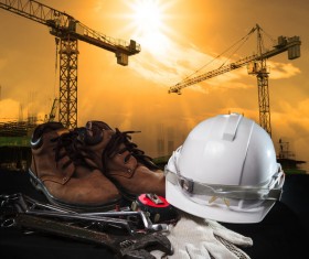 Civil engineer working table with safety helmet Stock Photo 06