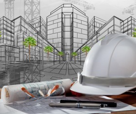 Civil engineer working table with safety helmet Stock Photo 07