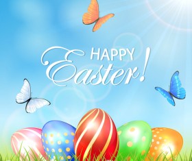 Colored Easter eggs in a grass and butterflies vector