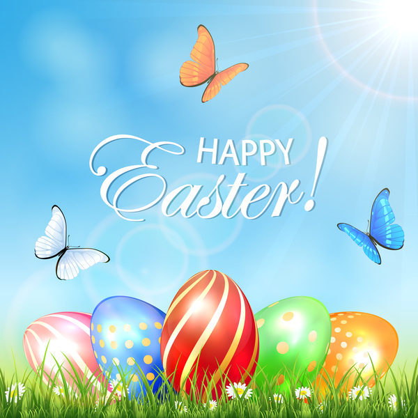 Colored Easter eggs in a grass and butterflies vector