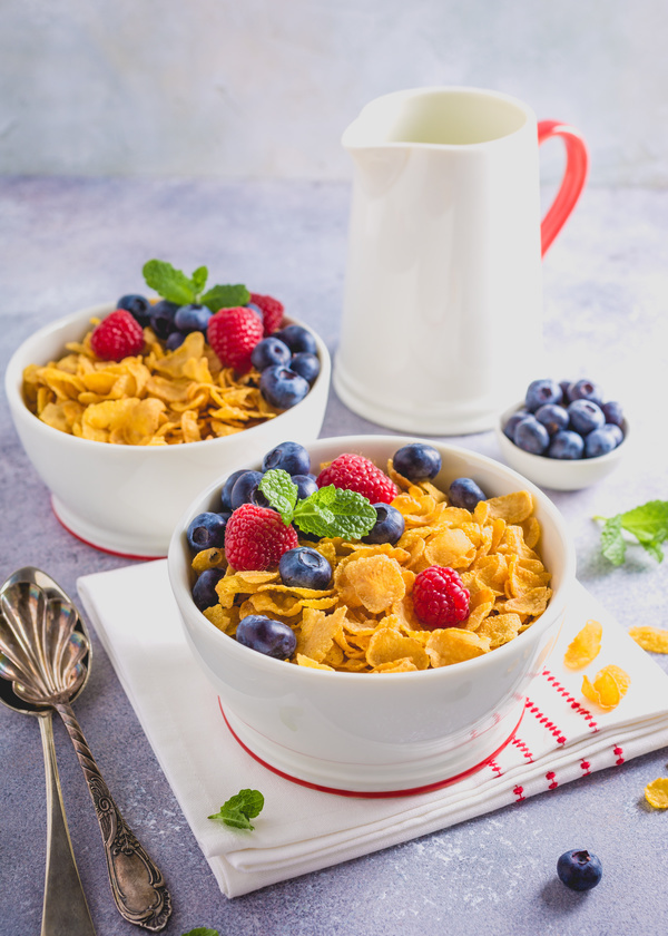 Corn flakes with berries and milk Stock Photo 03