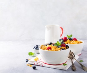 Corn flakes with berries and milk Stock Photo 04