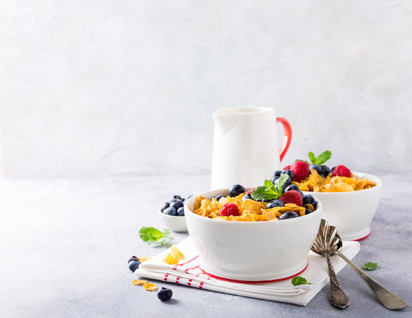 Corn flakes with berries and milk Stock Photo 04