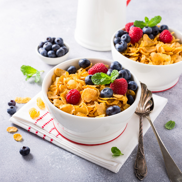 Corn flakes with berries and milk Stock Photo 05
