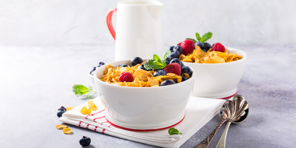 Corn flakes with berries and milk Stock Photo 06