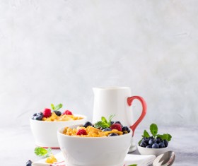Corn flakes with berries and milk Stock Photo 07