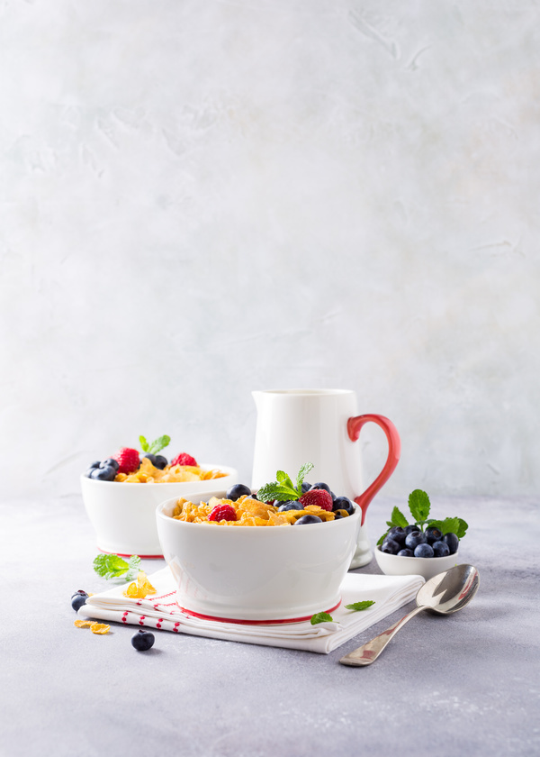 Corn flakes with berries and milk Stock Photo 07