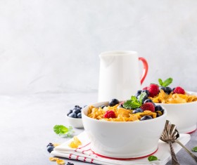 Corn flakes with berries and milk Stock Photo 09