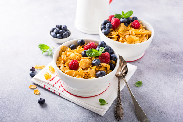 Corn flakes with berries and milk Stock Photo 10