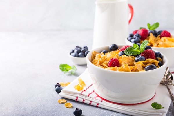 Corn flakes with berries and milk Stock Photo 11