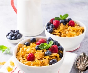 Corn flakes with berries and milk Stock Photo 12