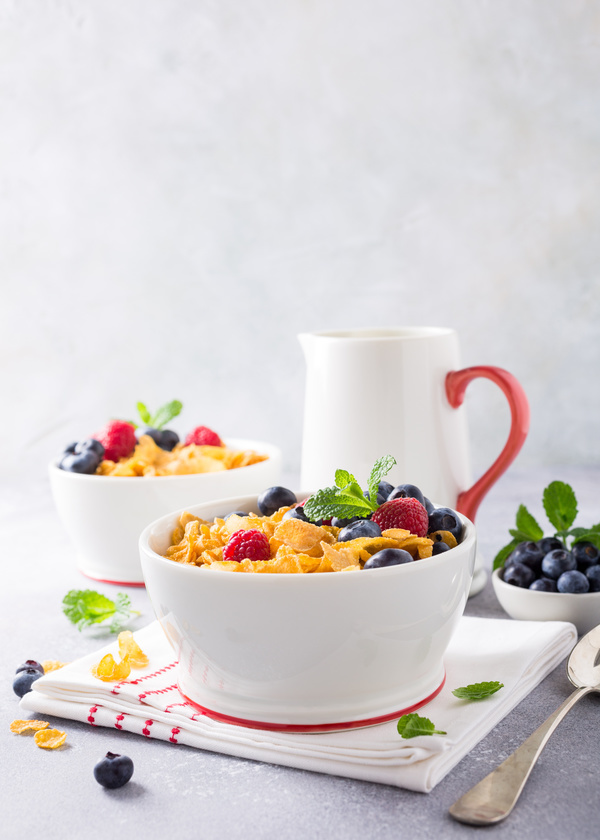 Corn flakes with berries and milk Stock Photo 13
