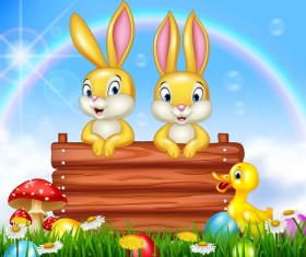 Cute bunny easter background with rainbow vector 01