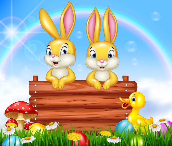 Cute bunny easter background with rainbow vector 01