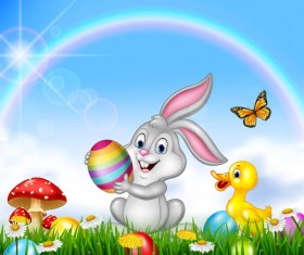 Cute bunny easter background with rainbow vector 08 free download