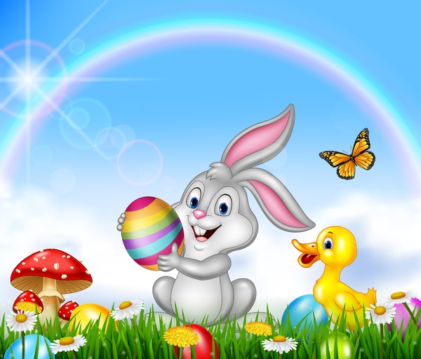 Cute bunny easter background with rainbow vector 02