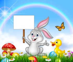 Cute bunny easter background with rainbow vector 03
