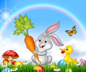 Cute bunny easter background with rainbow vector 04