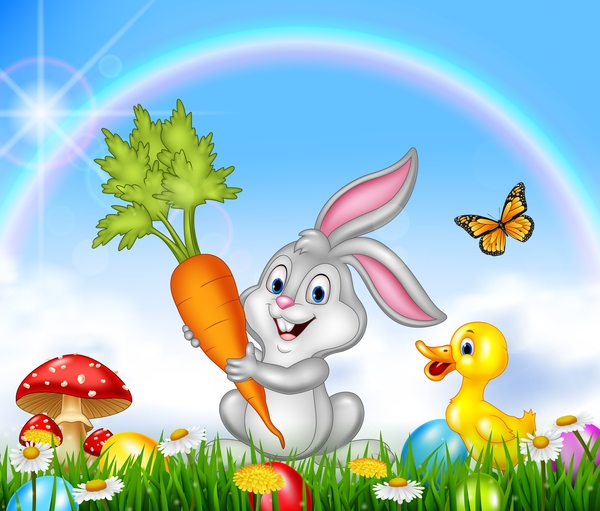 Cute bunny easter background with rainbow vector 04