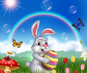 Cute bunny easter background with rainbow vector 08 free download