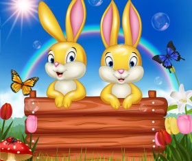 Cute bunny easter background with rainbow vector 06