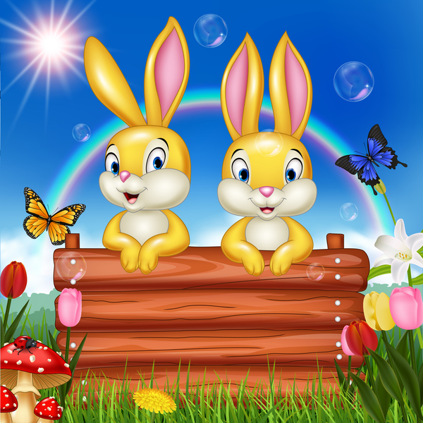 Cute bunny easter background with rainbow vector 06