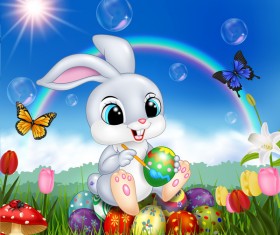 Cute Bunny Easter Background With Rainbow Vector 08 Free Download