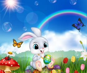 Cute bunny easter background with rainbow vector 03 free download