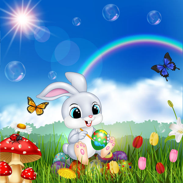 Cute bunny easter background with rainbow vector 08