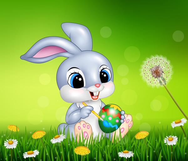 Cute little bunny with green easter background vector 01