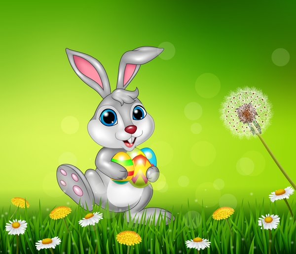 Cute little bunny with green easter background vector 02