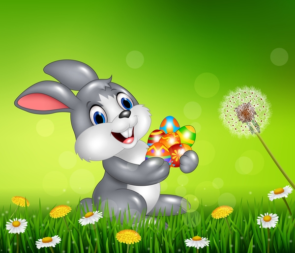 Cute little bunny with green easter background vector 04