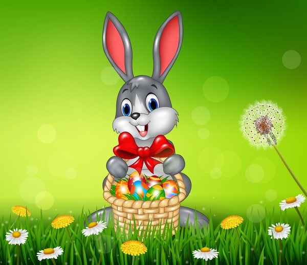 Cute little bunny with green easter background vector 07