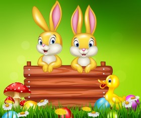 Cute little bunny with green easter background vector 13