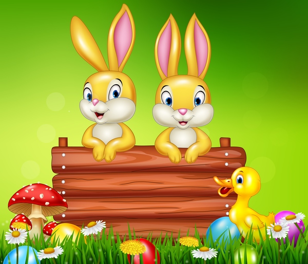 Cute little bunny with green easter background vector 13
